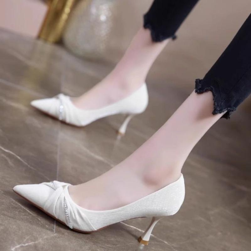 Ladies Pumps Thin Heels With Bow Women's Shoes Stripper Black Social Novelties Shoe E Non Slip Stylish Korean Style On Sale