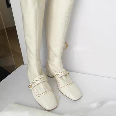 Сапоги до колена женские с квадратным носком на высоком каблуке элегантные туфли осенние дизайнерские туфли челси из кожи готические туфли Мэри Джейн Botas Mujer