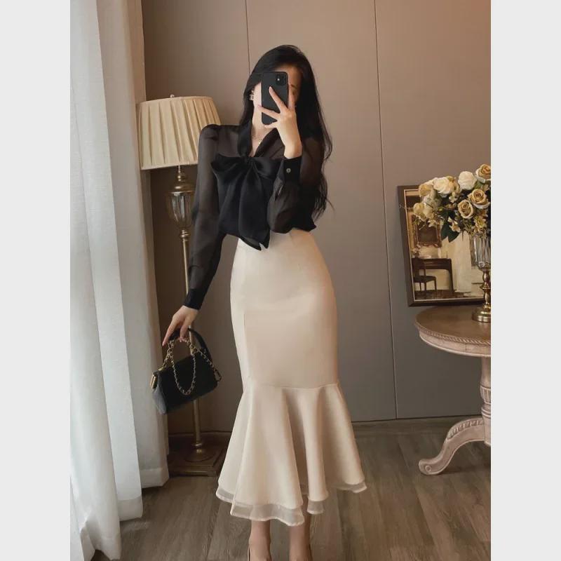 Women's Black Fishtail Skirt & Long-Sleeve Shirt Two-Piece Set - Early Spring 2024