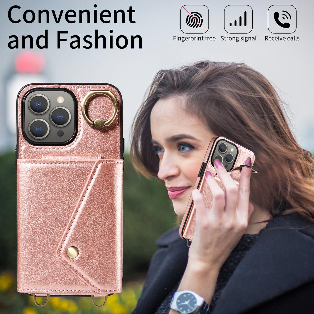 Для iPhone 15 серии. Для iPhone 15, 15 Plus, 15 Pro, 15 Pro Max плечевой ремень веревка кольцо кронштейн дизайн держатель для карт слоты личи узор чехол для телефона