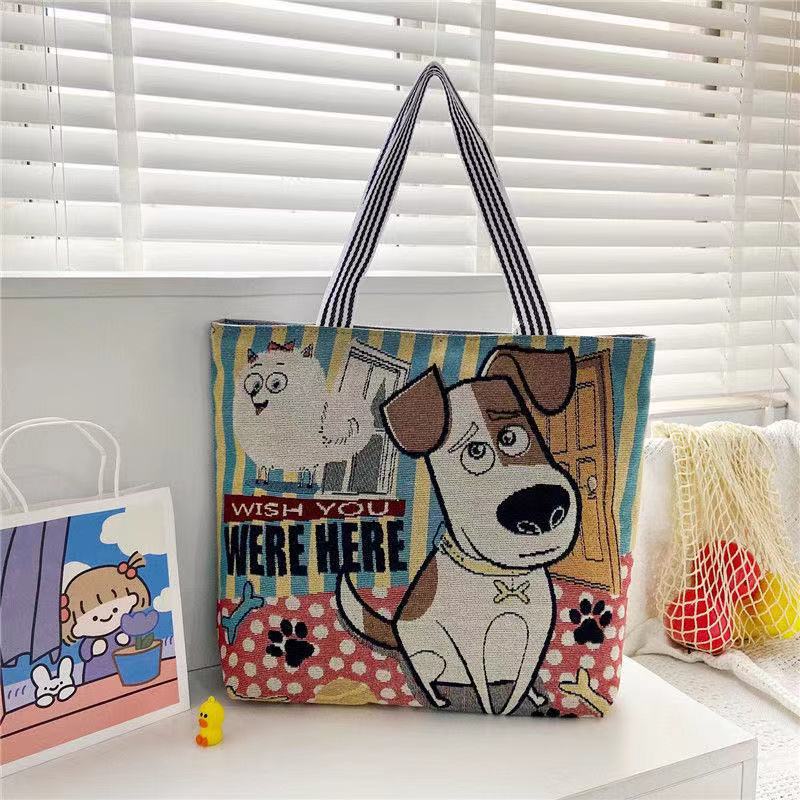 Harajuku Style Cartoon Canvas Bag, Literary Large-Capacity Shoulder Bag, Linen Trendy Cool Ethnic Style Women'S Bag