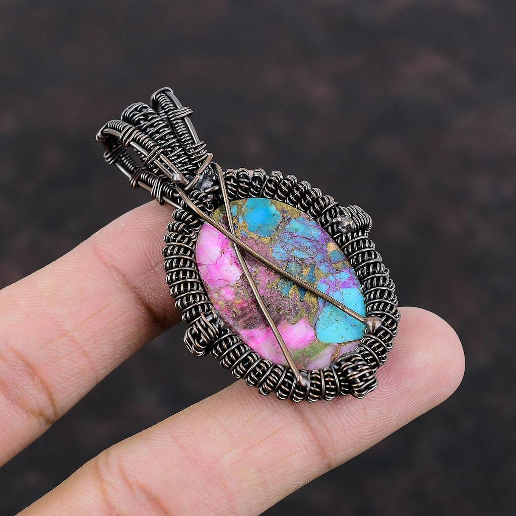 Natural Kingman Pink Dahlia Turquoise Pendant Copper Wire Wrapped Gemstone Pendant Handmade Copper Jewelry Unique Style Pendant Wedding Gift