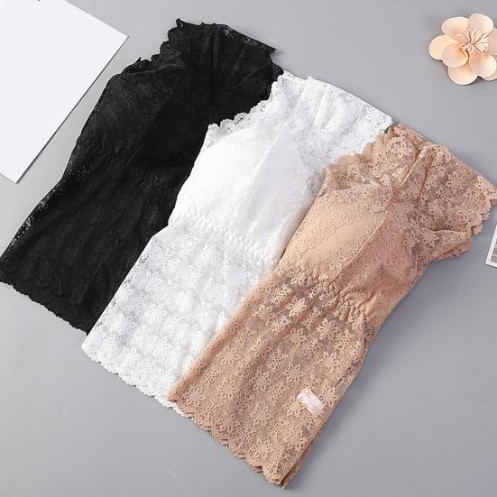 Women Lace Top Mesh Sheer Short Sleeve V Neck Undershirt with Padded Bra Floral Lace Tank Top Summer Casual Basic Shirt