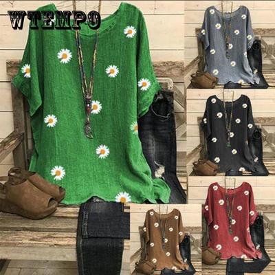 Европейская и американская летняя женская рубашка с коротким рукавом и круглым вырезом в стиле ретро с цветочным принтом, футболка