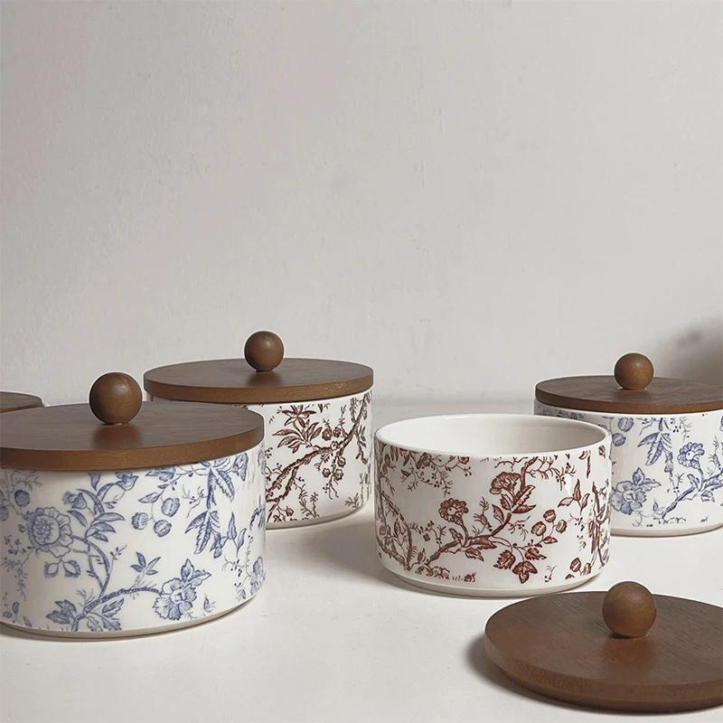 Керамическая коробка для хранения в стиле ретро с французскими цветами, чаша для ароматерапии, герметичная банка для хранения, коробка для хранения ювелирных изделий с деревянной крышкой