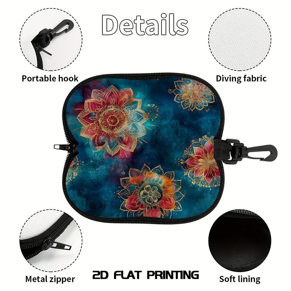 2D-Bohemian Gold Mandala Floral Print Sunglasses Case, Zipper Eyeglasses Protective Holder, Portable Travel Eyewear Pouch for Women Accessories