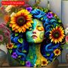 2D Flat 20*20cm1pc Earth Goddess Sunflower Mandala Pattern Round Girl Bedroom Environmental Decor, Color Printed Wood Panel Wall Hanging, Boho Style