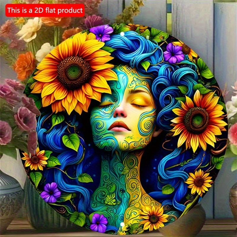 2D Flat 20*20cm1pc Earth Goddess Sunflower Mandala Pattern Round Girl Bedroom Environmental Decor, Color Printed Wood Panel Wall Hanging, Boho Style