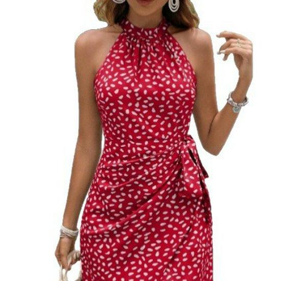 European & American Style Polka Dot Pleated Waist-Cinching Halter Dress (Sleeveless, 2026 Design)