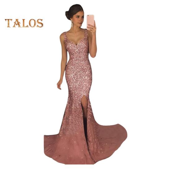 Женское вечернее платье с глубоким V-образным вырезом, разрезом по низу, блестками, узким подолом, застежкой-молнией сзади, без рукавов, выпускное коктейльное платье длиной до пола, бальное платье