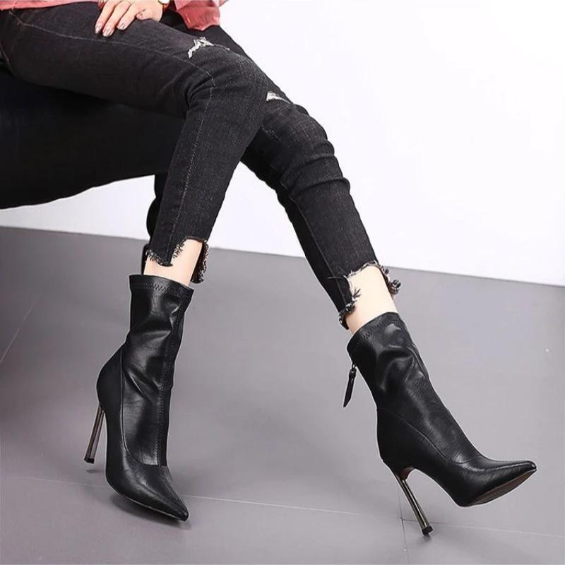 Leather White Pointed Toe Half High Boots for Women Very Heel Mid Calf Shoes Woman New Rock Gothic Sale Large Size Warm Y2k In