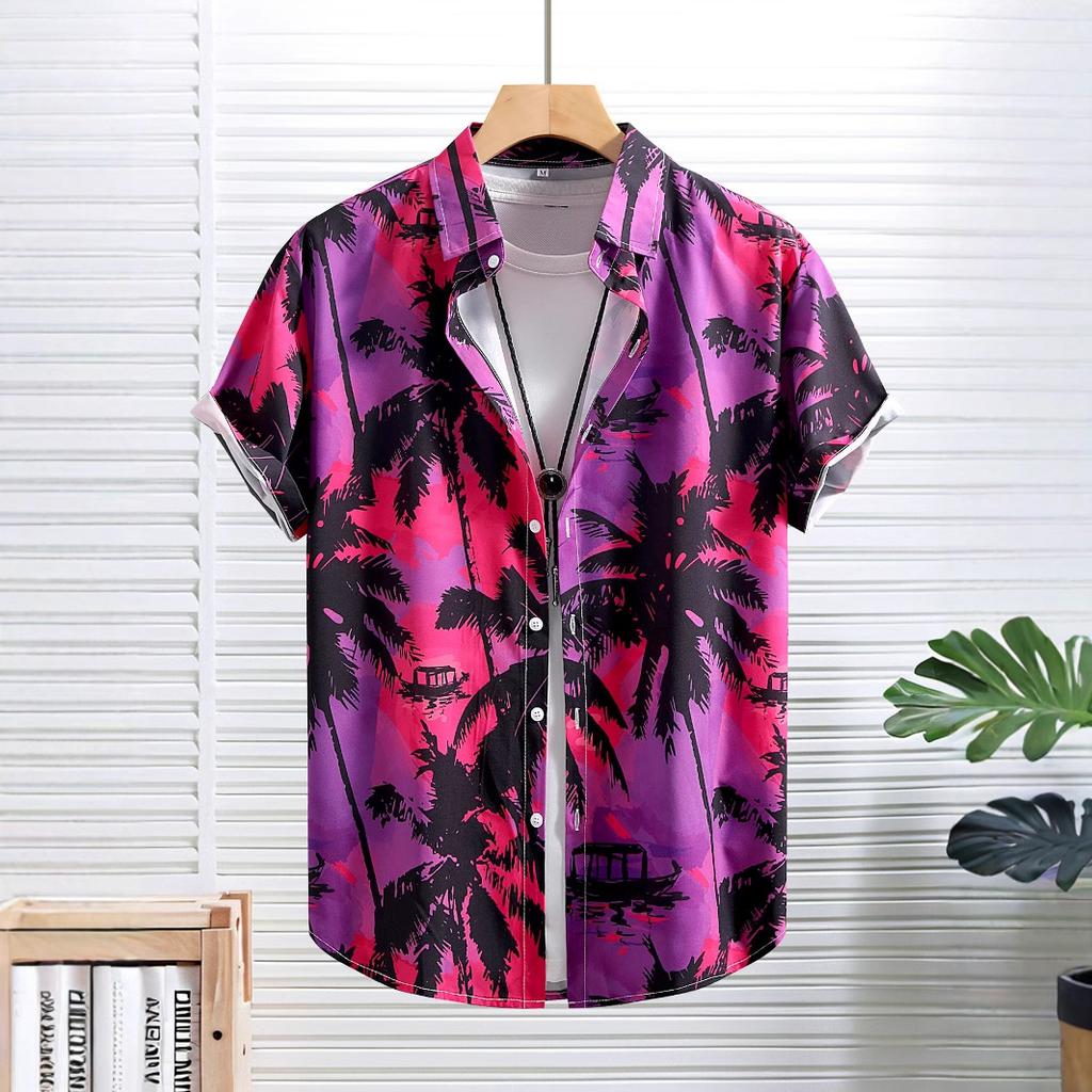 Мужская рубашка с коротким рукавом для мужчин, фиолетовая красная рубашка с изображением кокосовой пальмы, отпуск на Гавайях, лето 2025 г., новое поступление