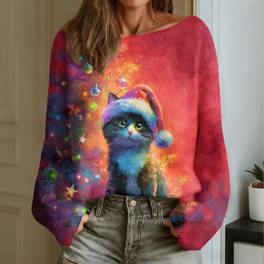 Женский модный пуловер с круглым вырезом и длинными рукавами с рождественским принтом, повседневный топ-свитер