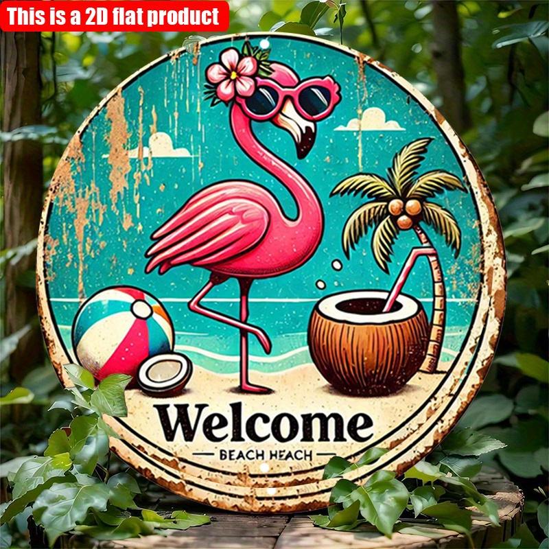 2D плоский 20*20 см 1 шт. Добро пожаловать Красивый розовый фламинго и узор кокоса Круглый деревянный подвесной знак, тропический пляжный стиль Приветственная художественная табличка, подходит