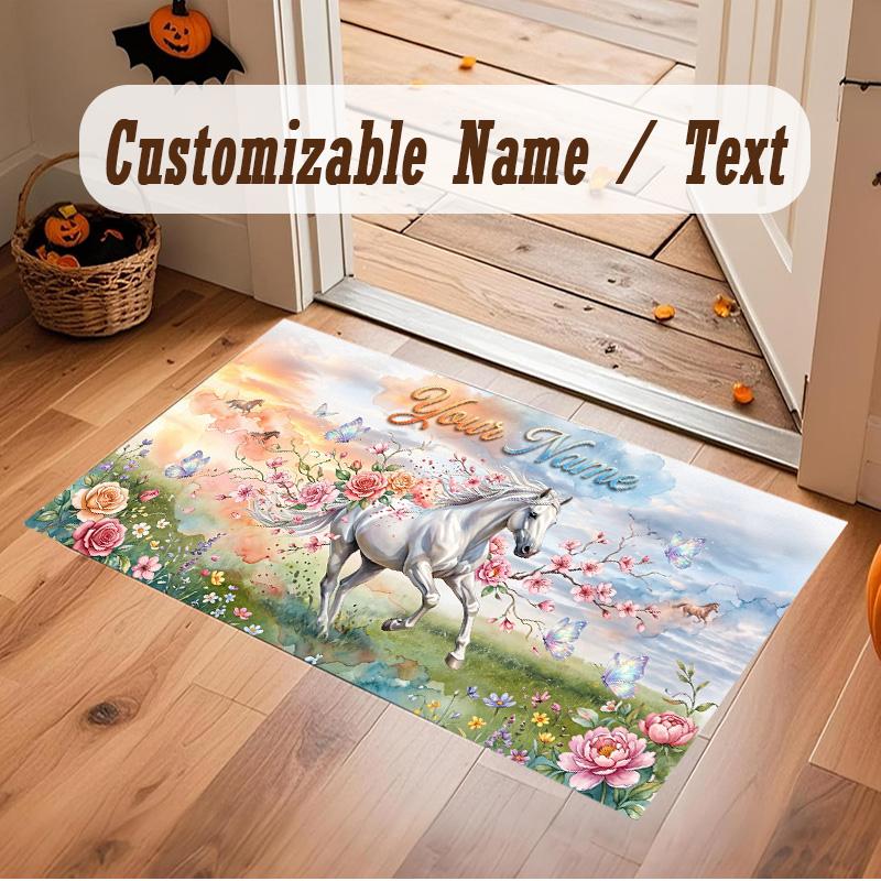 Horse Theme Soft Crystal Velvet Rug Custom Name & Text Print Non Slip Floor Rug for Bedroom Living Room