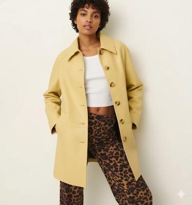 Пальто тренч из овчины, повседневное, для вечеринок, кожаное, ручной работы, стильное, желтое, женское, из натуральной кожи