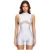 Womens Oil Shiny Bodysuit Swimwear Sheer Mesh Patchwork Mock Neck Sleeveless Back Zipper Boxer Bottom