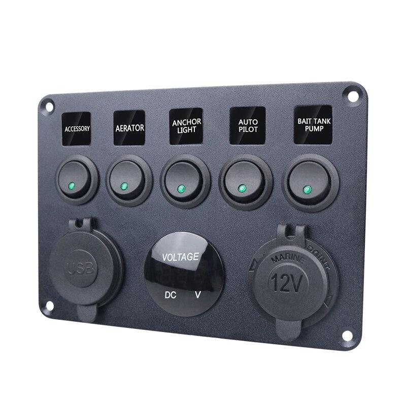 5-полосная светодиодная панель переключателей, розетка 12 В, 4,2 А, двойное зарядное устройство USB, цифровой вольтметр, комбинация переключателей для лодок, грузовиков, кемперов, морских