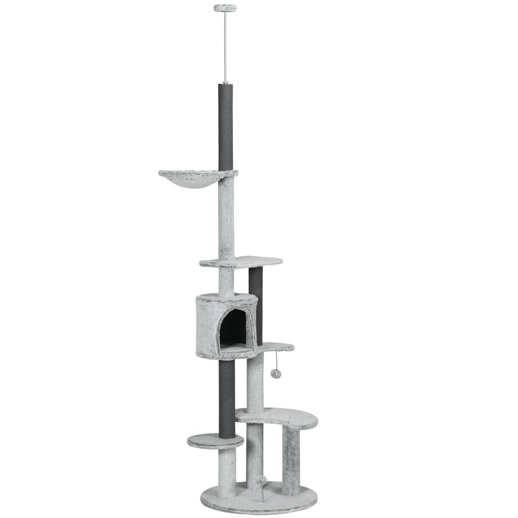 255cm Floor to Ceiling Cat Tree with Scratching Posts, Height Adjustable Cat Tower with Hammock, House, Anti-tipping Kit, Perches, Toys, Grey