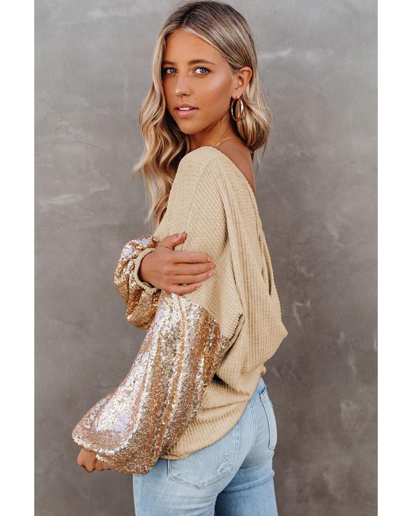 Azura Exchange Apricot Sequin Patchwork Sleeve Waffle Knit Top