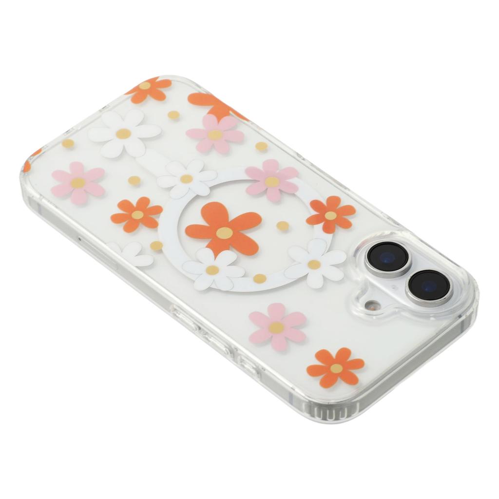 For iPhone 16 Magnetic Case IMD Flower Pattern TPU+PC Clear Back Phone Cover