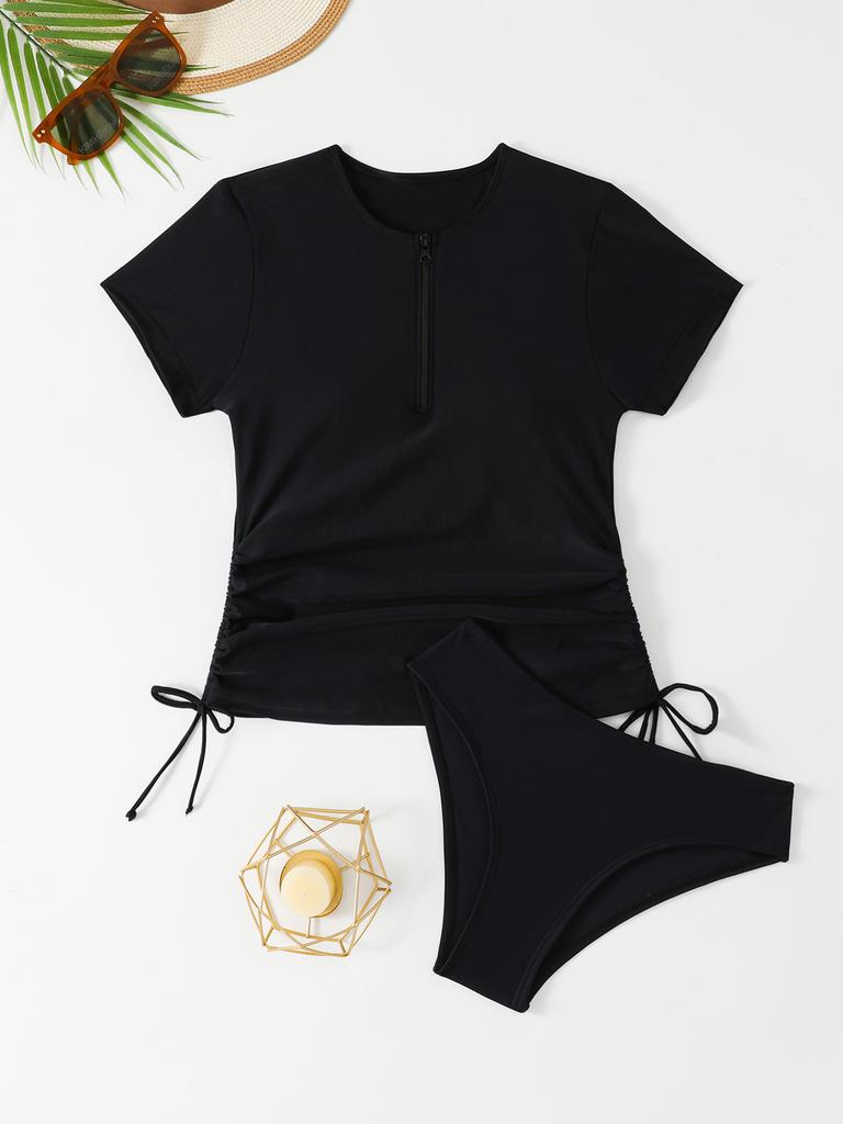 1011 new solid color zipper drawstring briefs split bikini swimsuit European and American diving suit
