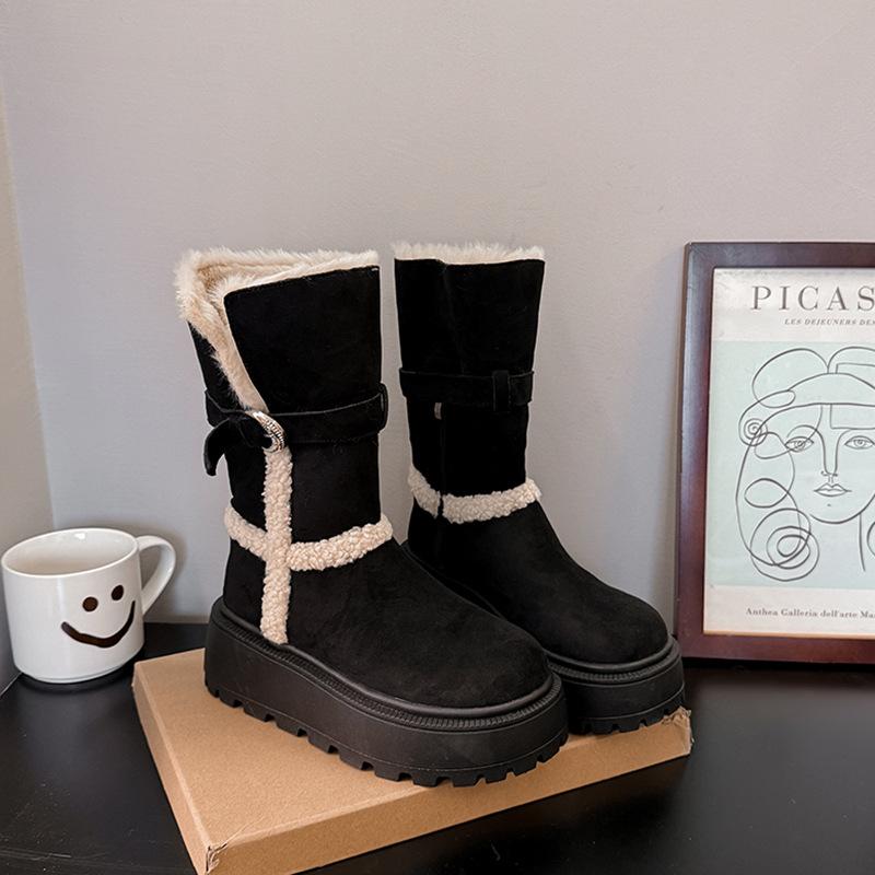 [Фанфна] Вельветовые утепленные с толстой подошвой женские сноубутсы средней высоты 2025 новые ретро модные универсальные сапоги средней высоты