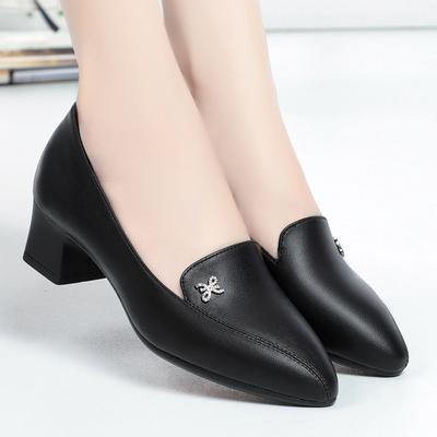 Весенняя Мода Комфорт Черный Мягкая Кожа Мягкая Подошва Платье Повседневная Обувь Острый Носок Толстая Подошва Блочный Каблук Одинарная Обувь