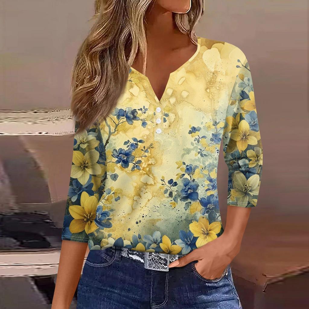Women's T Shirt Print Button 3/4 Sleeve Daily Weekend Fashion Basic V- Neck Regular Top