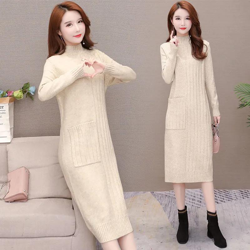 Autumn Winter Women's Mid-length Knitted Dress Solid Color Pullover Dress Thickened Half High Collar Bottoming Knitted Pockets Dress