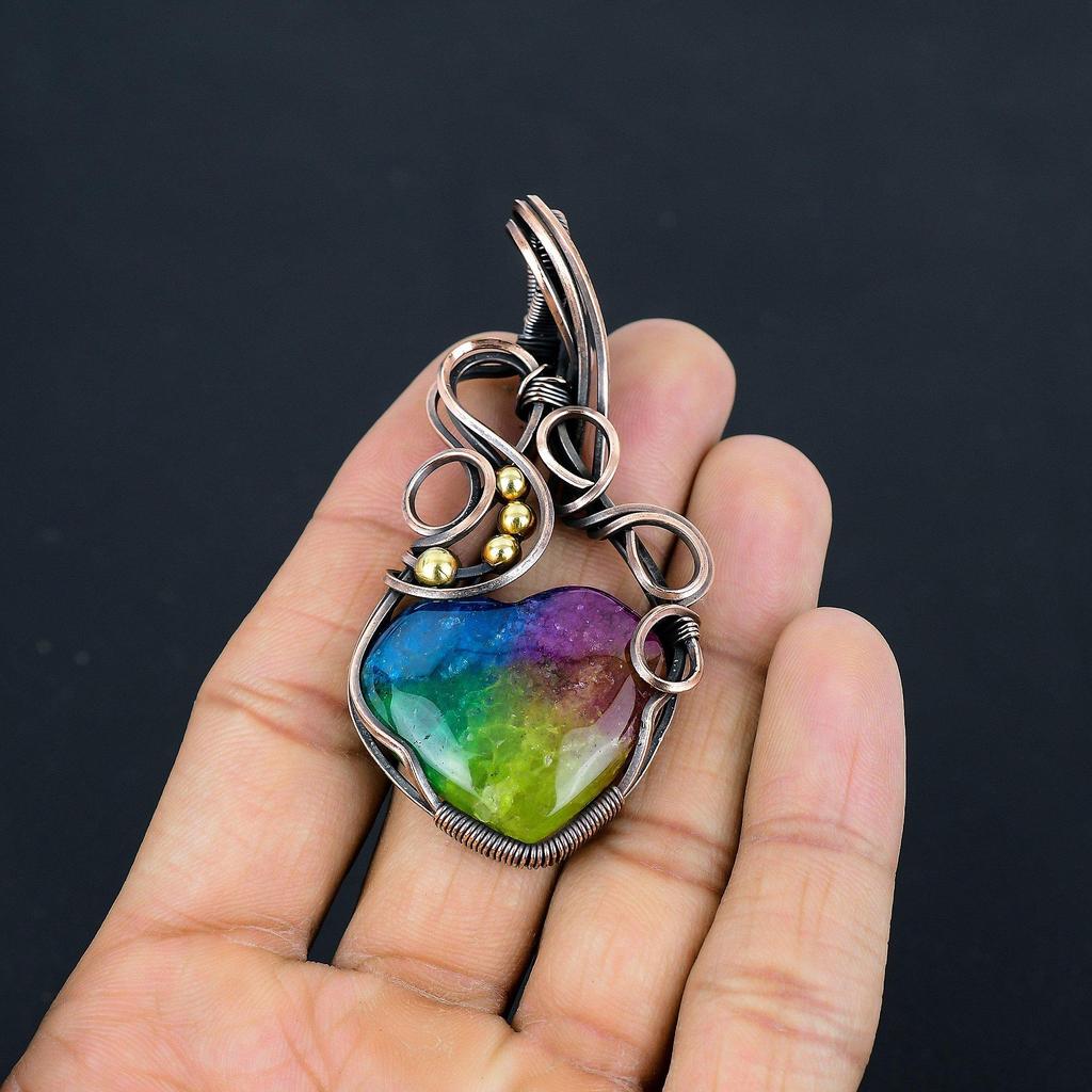 Кулон из Радужного Солнечного Кварца, обернутый медной проволокой 999 пробы, Ювелирное изделие с подвеской из драгоценного камня ручной работы, Подарки для жены, Новая подвеска