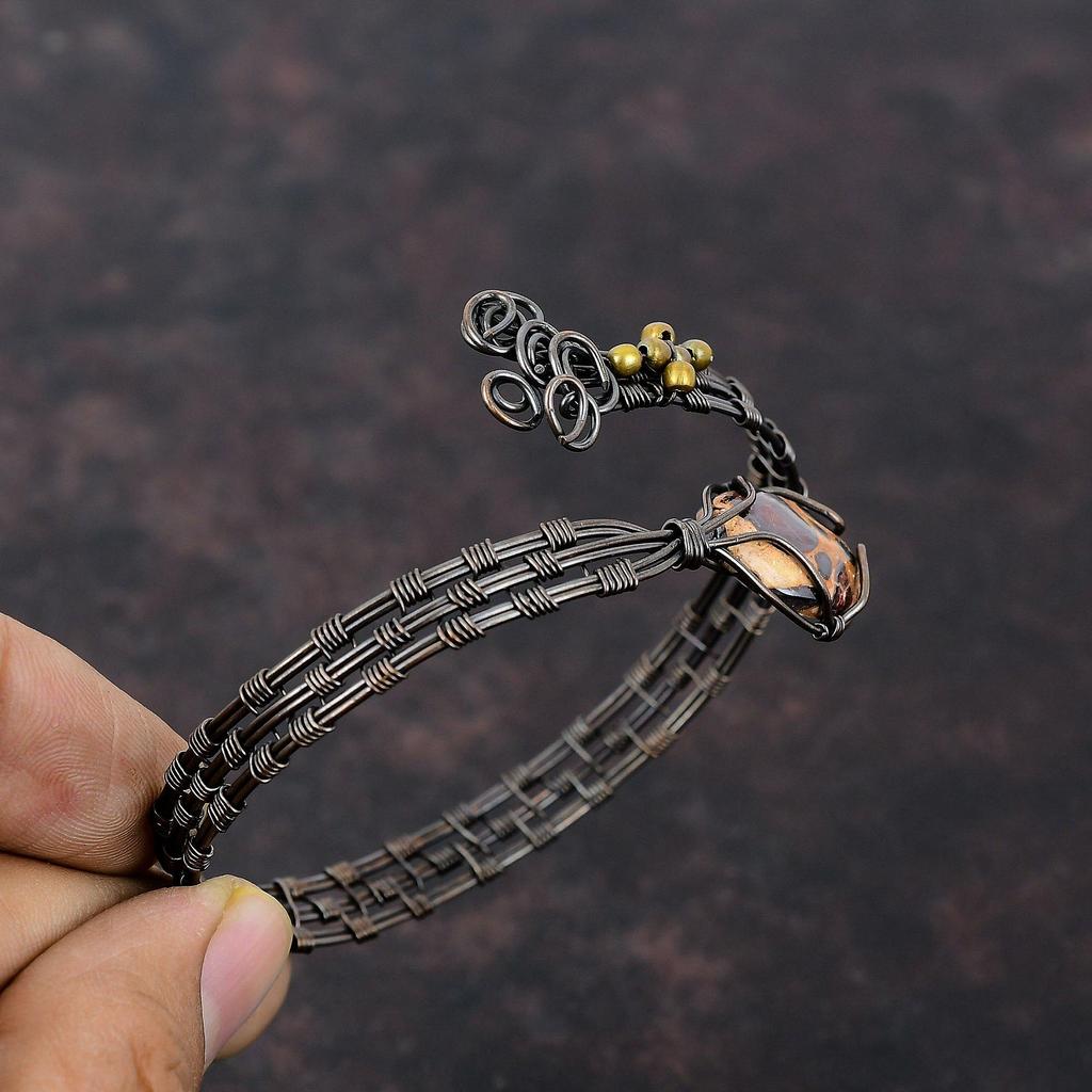 Браслет-манжета из боксита, браслет из драгоценных камней, браслет из медной проволоки, регулируемый браслет-манжета из медной проволоки, ювелирное украшение в подарок для него, ручной работы, браслет в стиле бохо