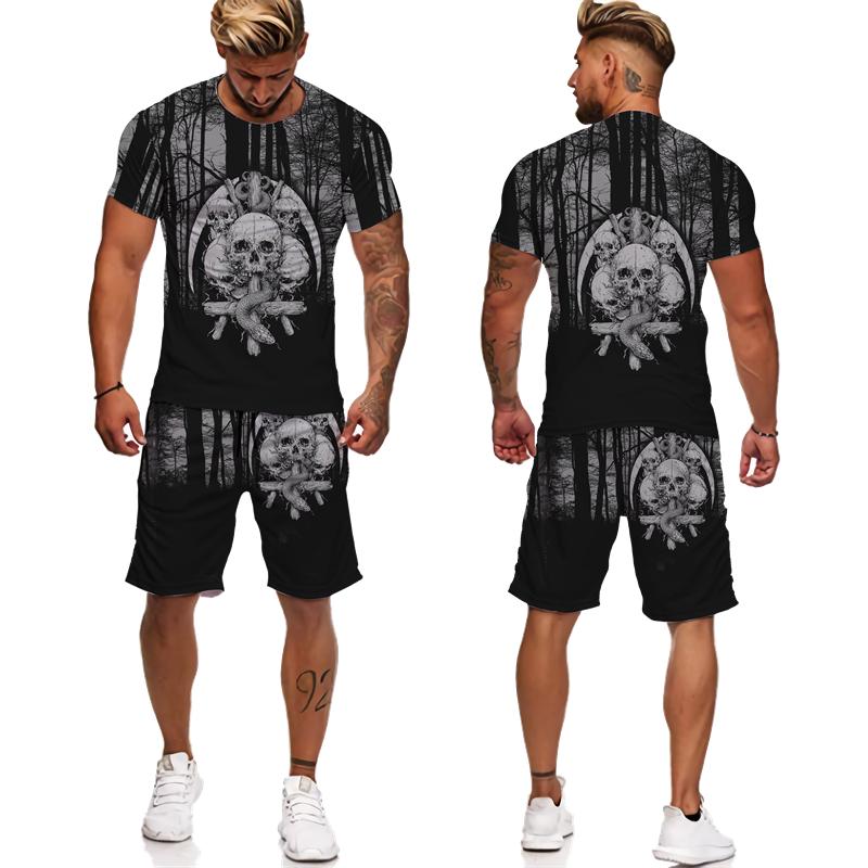 Новинка, футболка/костюм с 3D принтом готического черепа, летние мужские крутые футболки в стиле панк + шорты, индивидуальный спортивный костюм в стиле хип-хоп, уличная одежда