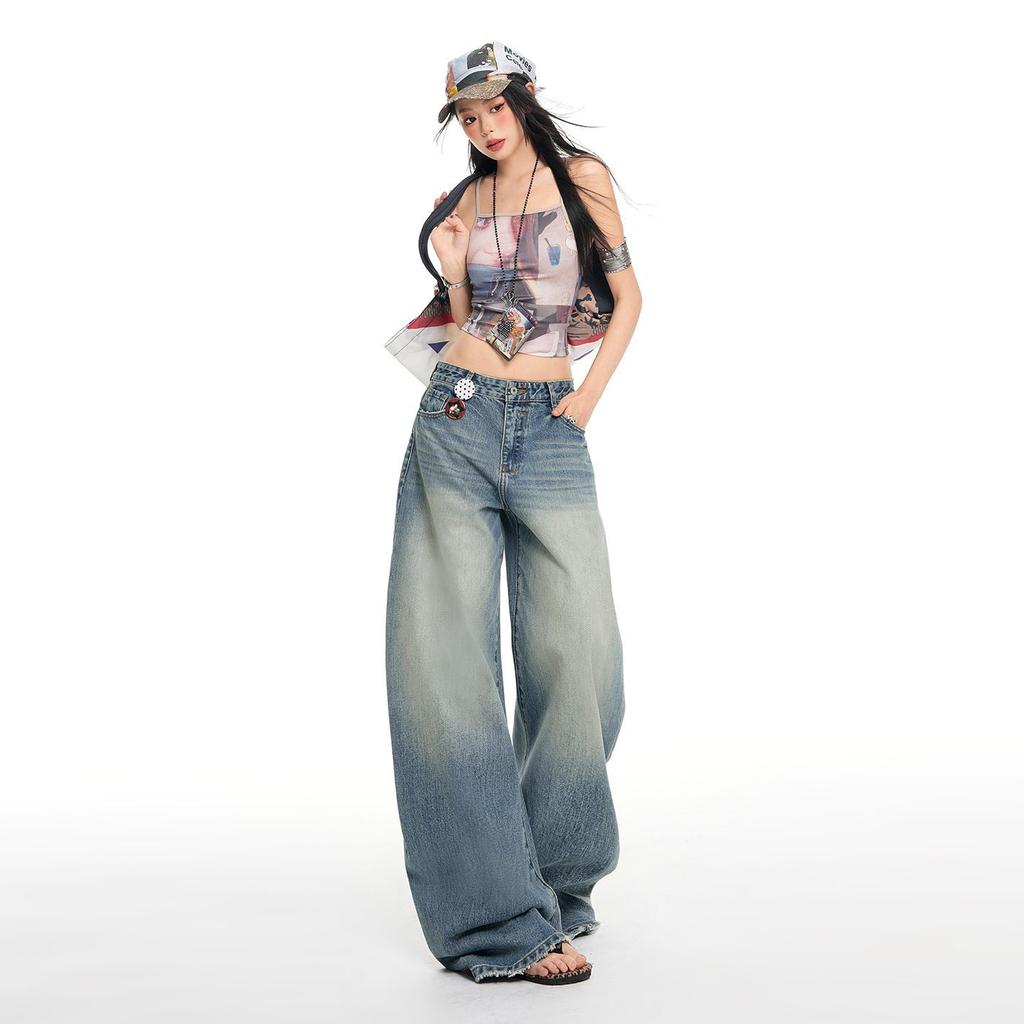 Spring Summer Vintage Classic 3D Cut Washed Saber Cut Wide Leg Denim Pants For Women Casual Pants Oversize Denim Trousers
