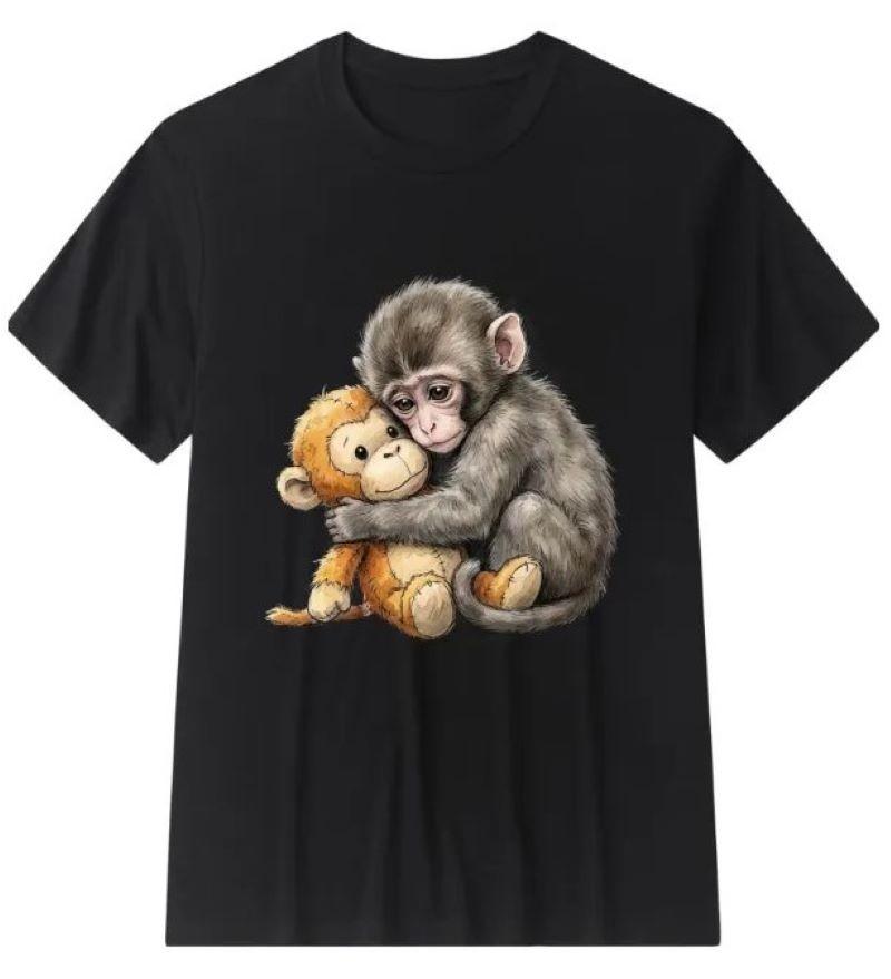 Cute Baby Monkey Punch Plush Hugging Unisex T-Shirt Cotton