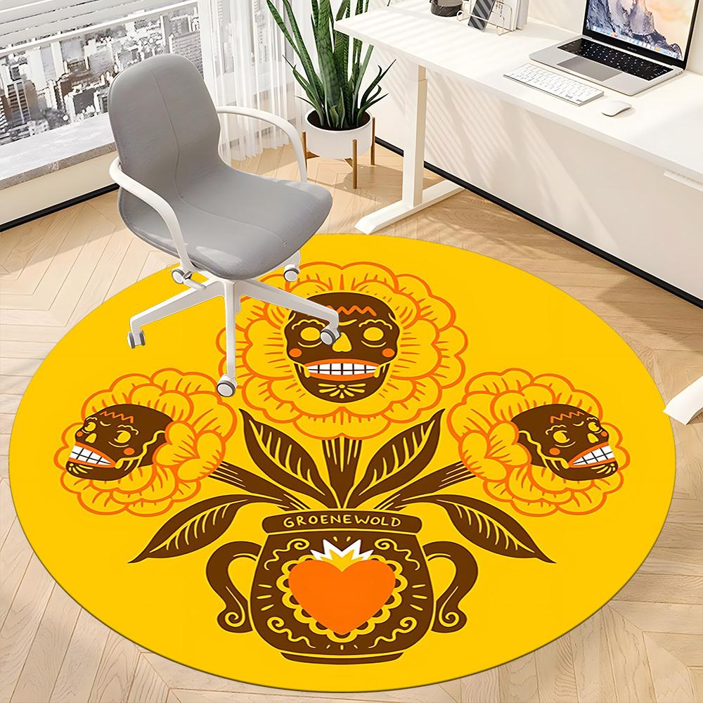 1pc Floral Skulls Office Round Area Rug,  Mat Suitable For Office, Under Office Chairs Bedroom Living Room Home Decor, Room Deco