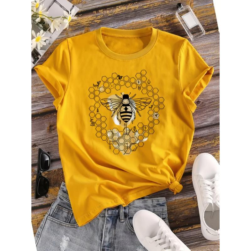 Bee & Honeycomb Women's Tee - Nature Graphic, Casual Yellow Top