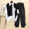 Summer Women's Loose 2PCS Streetwear Outfits Loose Long Sleeve Shirt Ribbon Chain Cargo Pants 2 Piece Sets Casual Unisex Couple Suitit