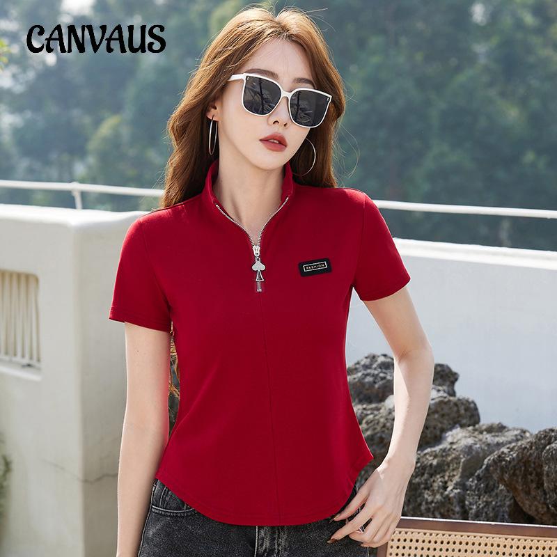 Женская летняя футболка с застежкой-молнией, воротником-стойкой, тонким круглым подолом, коротким рукавом