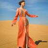 Muslim Women's Orange Handmade Rhinestone Long Dress with Belt Robe Ramadan