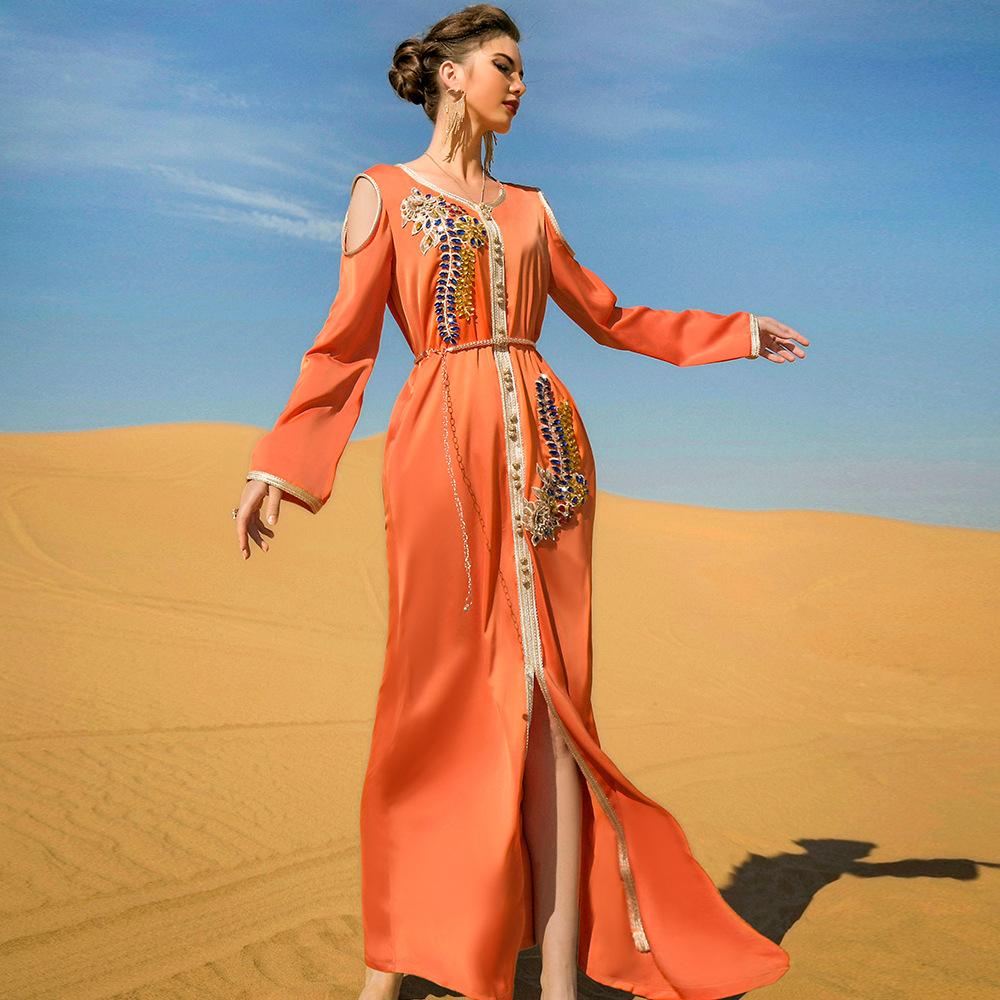 Muslim Women's Orange Handmade Rhinestone Long Dress with Belt Robe Ramadan