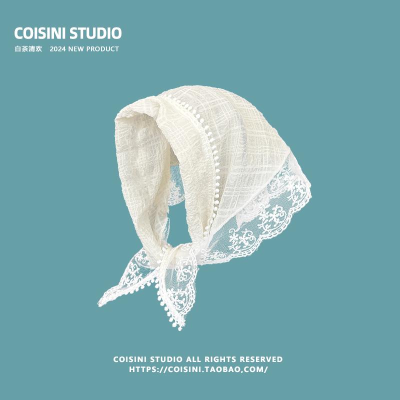 Треугольный платок для волос во французском пасторальном стиле для женщин, весенний и летний дорожный универсальный шелковый шарф с кружевным цветком в стиле ретро