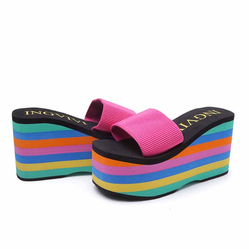 2023 Summer Women Sandals Rainbow Wedges Beach Flip Flops Home Slipper Ladies Outdoor  Heels Shoes Non Slip Soft Zapatos Mujer