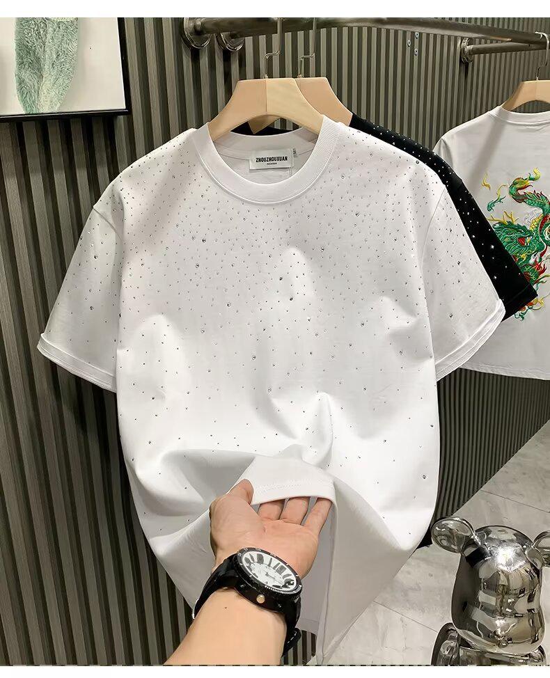 Men's Stylish Round Neck Rhinestone T-Shirt with Short Sleeves