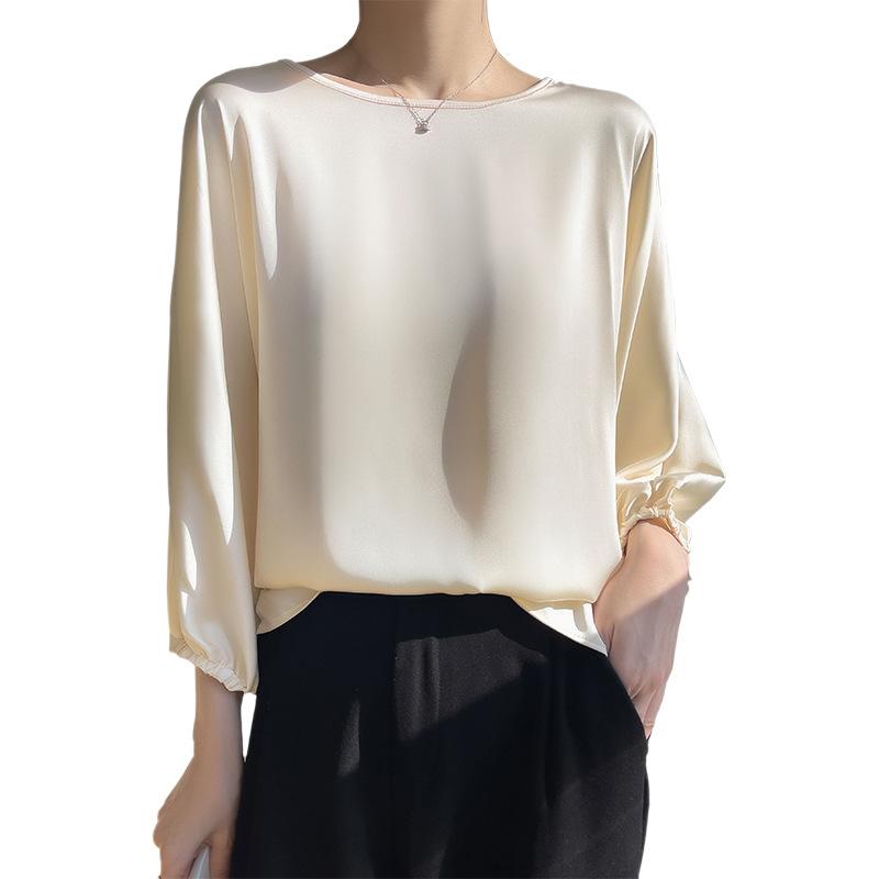 Summer Women's Silk T-shirt Round Neck Pullover Short Satin T-shirt Loose Thin Temperament Blouse