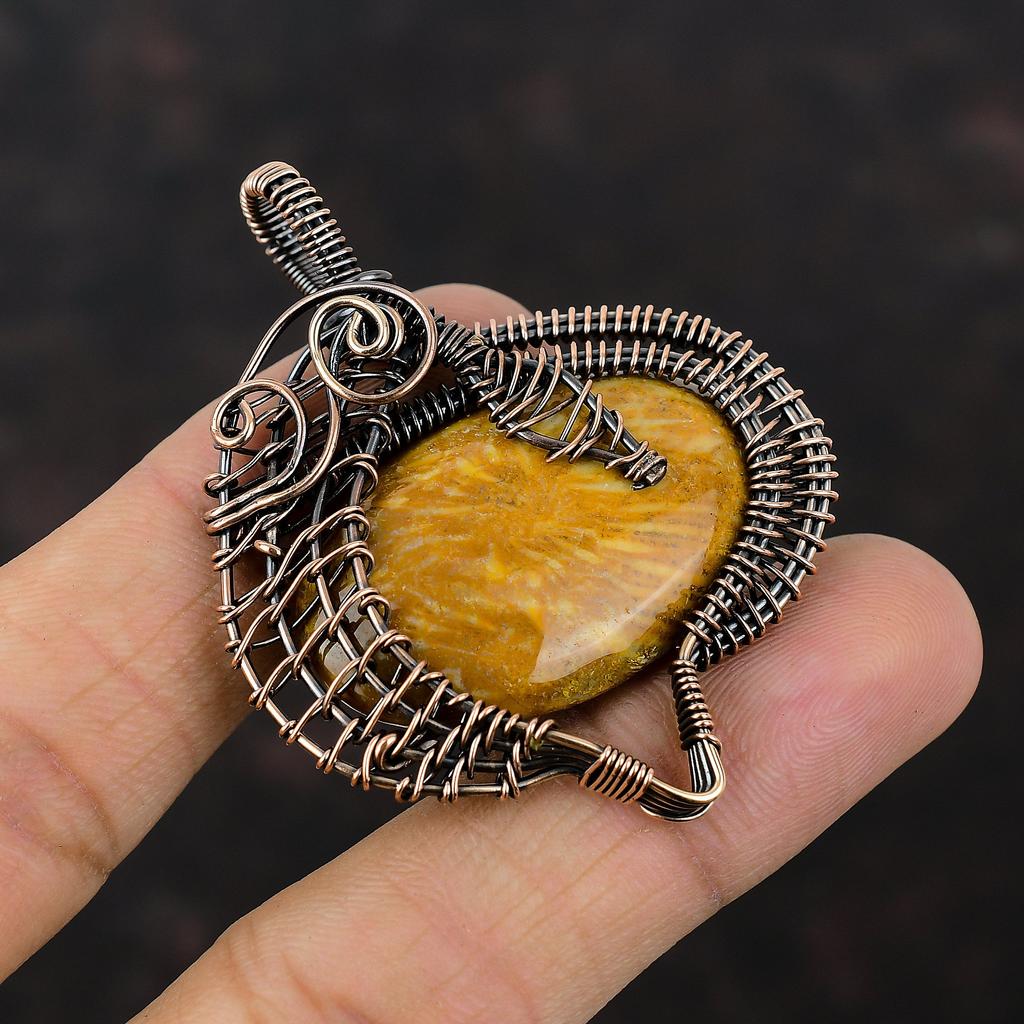 Подвеска из окаменелого коралла, подвеска из медной проволоки, подвеска из настоящего драгоценного камня, дизайнерская подвеска ручной работы, подарок для мамы, ювелирные изделия из медной проволоки