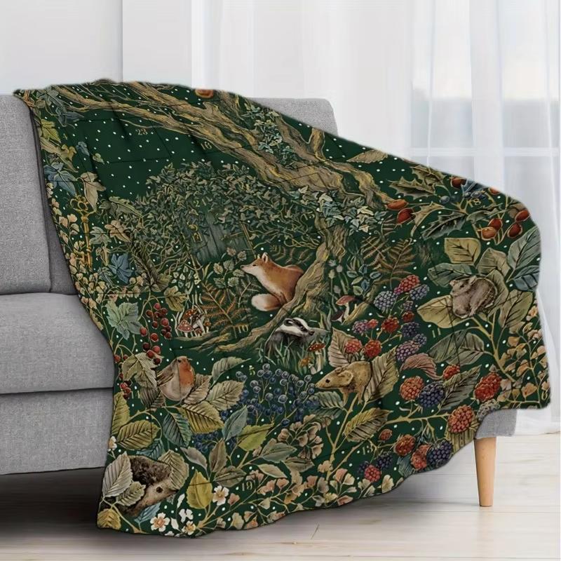 Enchanted Forest Creatures Flannel Blanket Soft Cozy Warm Cottagecore Healing Home Decor