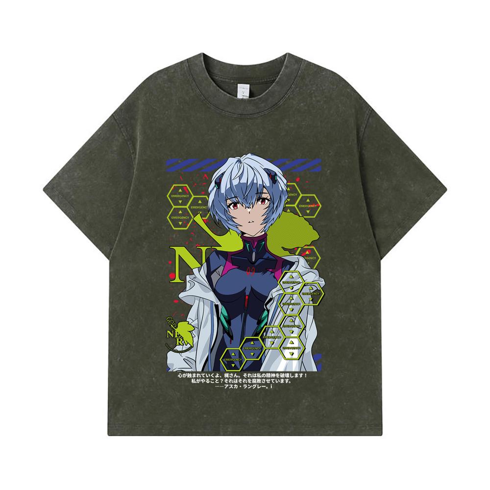 275 GSM Washed T-shirts 100% Cotton Evangelion V6 Rei Print Unisex Heavy Cotton T Shirt