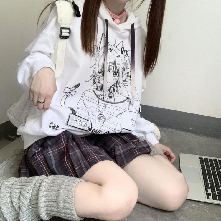 Женская толстовка в готическом стиле с аниме-принтом, в стиле Харадзюку, уличная одежда, пуловер с длинным рукавом, черно-белая, модная женская толстовка.