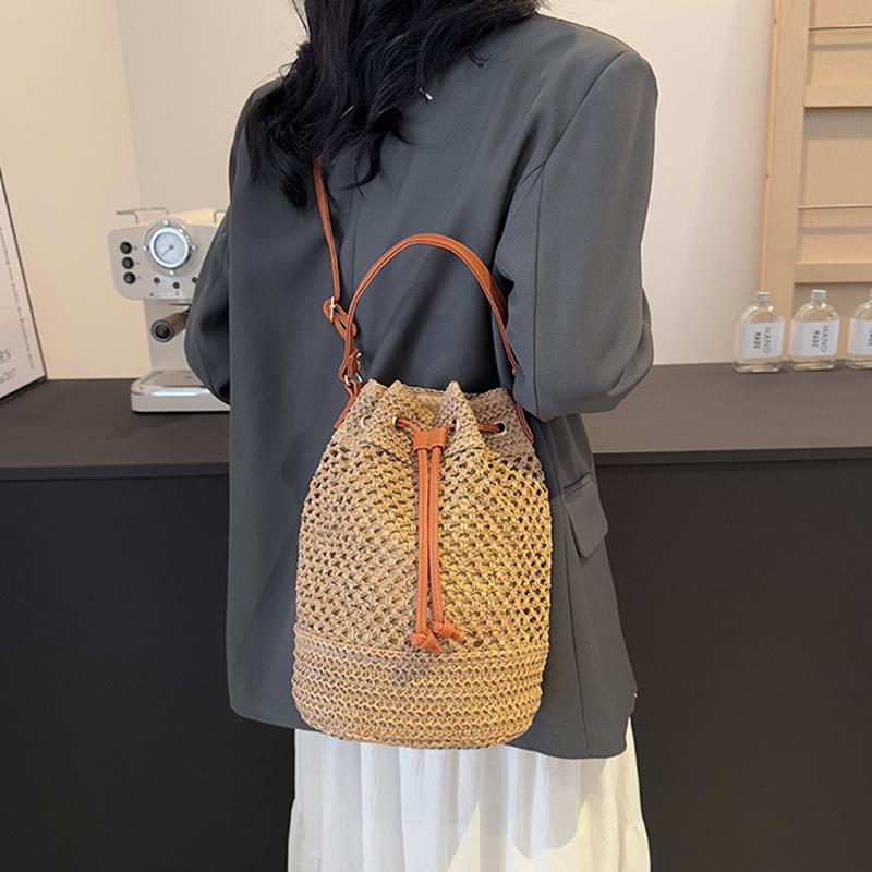 Летние соломенные сумки через плечо, женская сумка-ведро с завязками, плетеные вручную сумки из рафии, повседневная женская пляжная сумка через плечо